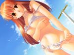 1girl areola areolae bikini bikini_lift bikini_pull blush breasts brown_eyes brown_hair hentai iuro long_hair midriff panties pulled_by_self side-tie_bikini solo strap_slip swimsuit underboob underwear undressing white_bikini white_swimsuit