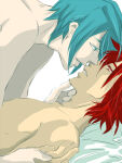 2boys blue_eyes blue_hair couple duo eye_contact grin half-closed_eyes incipient_kiss looking_at_another male male_on_top male_only multiple_boys neck nude parted_lips red_eyes red_hair short_hair star_driver yaoi