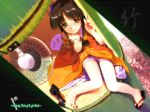 1girl barefoot brown_eyes brown_hair electric_fan fairly_tale_of_left_side fan feet flower hair_flower hair_ornament hentai hidari_(left_side) japanese_clothes kaguya_hime kimono off_shoulder princess sandals shoes_removed single_shoe solo taketori_monogatari toes wallpaper