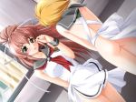 2girls :o apron ass back bangs blonde_hair blush breast_press breasts curtains dutch_angle embarrassed erect_nipples eye_contact from_behind game_cg green_eyes hadaka_apron_gakuen hair_between_eyes hair_ribbon hentai high_ponytail kazuma_muramasa long_hair looking_at_another multiple_girls naked_apron necktie payot pink_hair ponytail red_hair ribbon school_uniform serafuku shiny shiny_hair shirt short_hair sidelocks standing sweatdrop takahashi_tomoko takahashi_tomoko_(hadaka_apron_gakuen) taut_clothes taut_shirt wind window wristband yuri