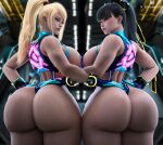 2_girls big_breasts black_hair blonde_hair blue_eyes brown_eyes bubble_butt cleavage eve_(stellar_blade) horny inviting_to_sex looking_at_viewer metroid nixmare nixmare_(artist) pose samus_aran standing stellar_blade teasing thick_thighs