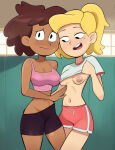 1girl 2_girls aged_up amphibia amphibia_(series) anne_boonchuy asian asian_female beauty_mark belly_button bike_shorts blonde_hair breasts brown_hair chocolate_and_vanilla clothed concerned concerned_look dark-skinned_female dark_hair dark_skin disney disney_channel disney_xd dolphin_shorts female_only german_female gym_clothes lifting_shirt light-skinned_female light_skin looking_at_breasts looking_down mole_under_eye navel nervous nervous_face newguy1091 nipples one_breast_out pink_nipples ponytail sasha_waybright shirt shirt_lift short_shorts shorts spats tank_top thai thai_female tight_clothing yuri