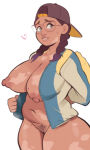 1girl bottomless breasts breasts_out cowboy_shot dustborn eyewear female_only navel newguy1091 open_clothes open_jacket pubic_hair pudgy_belly sai_(dustborn) twin_braids vitiligo