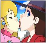 1girl 2_girls b-intend blonde_hair blue_eyes brown_hair closed_eyes couple duo earrings eyeshadow female_only jewelry kiss_on_lips lips lipstick long_hair looking_at_viewer love makeup multiple_girls mutual_yuri neck nintendo pauline pauline_(super_mario_odyssey) pink_lipstick princess_peach purple_eyeshadow red_lipstick super_mario_bros. super_mario_odyssey upper_body yuri