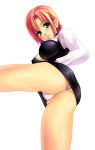  1girl akamaru breasts covered_nipples croupier earrings green_eyes jewelry large_breasts miniskirt panties pantyshot pencil_skirt red_hair rio_rollins short_hair skirt solo super_blackjack underwear 