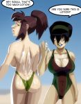 ass avatar:_the_last_airbender beach big_breasts bikini breasts caption cum cum_on_back cum_on_breasts english_text hair jin lipstick lotion morganagod nipples swimsuit text toph_bei_fong topless