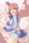 1girl arched_back ass bangs blue_eyes blue_gloves breasts fuuro_(pokemon) gloves hair_between_eyes holding_poke_ball large_breasts looking_at_viewer looking_back maroon_hair nipple_bulge open_mouth pokeball pokemon pokemon_bw presenting_hindquarters red_hair short_ponytail short_shorts shorts side_ponytail sideboob skyla smile teeth thighs