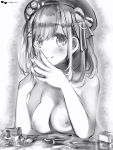  1girl big_breasts blush bow breasts closed_mouth cosmetics fingernails greyscale hair_bow hair_ornament hands_up hat high_resolution lipstick_tube looking_at_viewer monochrome nail_polish nanashi_(nlo74593630) nijisanji nipples nude smile steepled_fingers suzuhara_lulu upper_body virtual_youtuber 