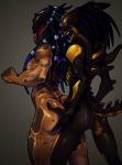  alien alien_vs_predator aliens_(movie) ass ass_grab dark_skin draekokun dreadlocks hairlocs highres long_hair mask nude predalien predator shiny shiny_skin tail teeth yautja 