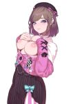 1girl 1girl blue_eyes bow breasts breasts_out_of_clothes hands_on_own_chest hat looking_at_viewer medium_breasts nijisanji nipples pink_bow pomesaurus short_hair simple_background suzuhara_lulu virtual_youtuber white_background