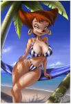 2010 beach big_breasts blue_eyes breasts fernando_faria_(artist) goof_troop hair hammock palm_tree peg_pete red_hair side-tie_bikini