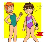 ben_10 ben_tennyson bikini brown_hair cross-dressing erection green_eyes gwen_tennyson jk jk_(artist) omnitrix red_hair swimsuit