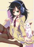 1girl animal bags_under_eyes beats_by_dr._dre black_hair black_legwear blazer blush breasts cat female green_eyes gusset hair_over_one_eye headphones kuroki_tomoko long_hair looking_at_viewer necktie nipples no_bra no_shirt no_shoes open_clothes open_mouth open_shirt panties panties_under_pantyhose pantyhose school_uniform shirt sitting skirt skirt_lift smile stockings suika_(kinokoh) thighband_pantyhose underwear upskirt watashi_ga_motenai_no_wa_dou_kangaetemo_omaera_ga_warui! white_panties