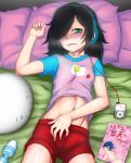 1girl abs ass bad_id bags_under_eyes black_hair blush body_blush digital_media_player drooling female finalcake green_eyes gym_shorts hair_over_one_eye headphones hitachi_magic_wand ipod kuroki_tomoko long_hair lying masturbation_through_clothing navel on_back pervert saliva shirt_lift shorts solo spoilers sweat trembling vibrator watashi_ga_motenai_no_wa_dou_kangaetemo_omaera_ga_warui!