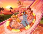 4girls absurd_res absurdres aqua_eyes arm arm_up arms art babe bare_legs bare_shoulders beach big_breasts blonde_hair blue_eyes blush breasts brown_hair cleavage clenched_hand cloud collarbone crown earrings erect_nipples eyeshadow female female_only grey_skin hair hair_over_one_eye hand_on_chest hand_on_own_chest happy highres holding inflatable_raft jewelry kneel kneeling legs long_hair makeup midna multiple_girls navel neck nintendo ocean open_mouth orange_hair palm_tree princess_daisy princess_peach princess_rosalina pussy raft red_eyes rosalina rosalina_(mario) sea sigurd_hosenfeld sigurdhosenfeld sitting sky slide smile splash splashing spoilers standing sun sunset super_mario_bros. super_mario_kart tall_image tattoo the_legend_of_zelda thighs tree twili_midna twilight twilight_princess wariza water water_slide waterslide wink yellow_sclera zenra