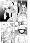 animal_ears comic crescent_moon dialogue doujinshi eating english_text female food kfc liru monochrome moon ookamimimi oshii_oniku_(doujin) renkin_san-kyuu_magical_pokaan tagme takaoka_motofumi text translated