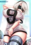  1girl areola bangs big_breasts blindfold breasts hair_between_eyes hairband hand_on_head huge_breasts jersey nier:_automata nipples outside parted_lips see-through sevie sheer_clothing shirt short_hair straps thick_thighs thighhighs thighs white_hair wide_hips yorha*2*b yorha_no._2_type_b 