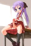 blue_eyes blush bow desk erection flat_chest footwear futanari hiiragi_kagami kagami_hiiragi kneehighs large_penis lifted_by_self loafers long_hair lucky_star mofuringu newhalf no_panties open_mouth penis precum purple_hair ribbon school_uniform serafuku shoes sitting skirt skirt_lift socks solo spread_legs testicle testicles uncensored you_gonna_get_raped