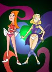 archangemon blonde_hair candace_flynn crossover disney embarrassing hairband long_hair orange_hair panties pants_down phineas_and_ferb pink_panties short_hair skirt_lift surprise underwear upskirt