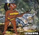 black_hair cleavage dark_skin earring jungle leshawna lipstick loincloth ponytail smile spear total_drama_island weapon wide_hips