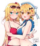  2_girls akai_haato arm_scrunchie bangs bat_hair_ornament big_breasts bikini black_choker blonde blue_bikini blue_eyes blush breast_press breasts choker clavicle cleavage earrings eyewear_on_head food_themed_hair_ornament groin hair_bun hair_ornament haruyuki_(yukichasoba) hat heart high_resolution hololive hugging in_profile jewelry long_hair multiple_girls navel red-framed_eyewear red_bikini sailor_hat scrunchie short_hair simple_background star star_earrings sunglasses swimsuit symmetrical_docking tied_hair upper_body v very_long_hair virtual_youtuber watermelon_hair_ornament white_background yellow_eyes yozora_mel 