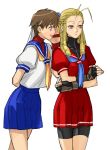 2girls antenna_hair bike_shorts blonde_hair brown_eyes brown_hair capcom crossed_arms drill_hair fingerless_gloves gloves hair_slicked_back headband karin_kanzuki kimuchi multiple_girls profile sakura_kasugano school_uniform serafuku short_hair shorts_under_skirt simple_background skirt street_fighter street_fighter_zero street_fighter_zero_3 street_fighter_zero_iii tetsu_(kimuchi) whispering white_background