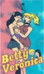  archie_comics betty_cooper black_hair blonde_hair breast_grab breasts color dress kalahee_(artist) yuri miniskirt skirt veronica_lodge 