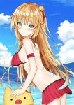 1girl 1girl 1girl akai_haato alternate_costume beach bent_over bikini bikini_bottom bikini_top blonde_hair breast_curtains breasts high_resolution hololive long_hair looking_at_viewer sideboob standing teal_eyes virtual_youtuber