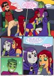 after_fellatio beast_boy bottomless_male comic dc_comics dialogue dick_grayson double_fellatio emotion_sickness_(teen_titans) fellatio garfield_logan incognitymous_(artist) koriand'r nipples nude rachel_roth raven_(dc) robin starfire tagme teen_titans