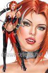  1girl big_breasts bloodrayne bloodrayne_(videogame) blowup_background breasts cleavage dhampir drawncelebs fangs female green_eyes inner_boob navel platform_heels rayne_(bloodrayne) red_hair solo_female vampire very_high_resolution 