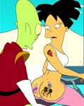 amy_wong ass black_hair cowboy futurama green_skin kif_kroker looking_down mermaid no_panties pants_down short_hair surprise tattoo yellow_eyes