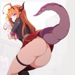 1:1_aspect_ratio 1girl 1girl ahoge ass asymmetrical_legwear big_breasts blush breast_hold breasts cup dragon_girl dragon_horns dragon_tail drinking_glass from_behind hairband high_resolution hololive horns kiryuu_coco miniskirt monster_girl nopan orange_hair pink_eyes single_thighhigh skirt smile stockings tail thigh_strap thighs virtual_youtuber waero white_pupils