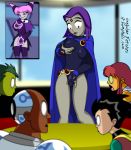 beast_boy black_hair bottomless breast_grab breasts control controlled controlling cyborg dc dc_comics dcau embarrassing green_eyes grey_skin irregular_fetishes jinx long_hair no_panties orange_skin pale_skin pink_hair prank purple_hair raven_(dc) robin short_hair starfire stockings surprise teen_titans