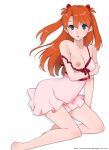  1girl asuka_langley_souryuu bare_shoulders barefoot blue_eyes bow breasts chemise face highres kari_(kakko_k) legs lingerie long_hair neon_genesis_evangelion nipple_slip nipples orange_hair red_hair redhead solo strap_slip t-ihn 