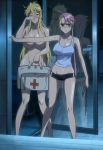  ahoge bag big_breasts blonde_hair blush breasts cap censored cleavage convenient_censoring fang glasses highres highschool_of_the_dead huge_breasts long_hair marikawa_shizuka nipples nude pink_hair reflection ribbon saya_takagi screencap shizuka_marikawa stitched takagi_saya 