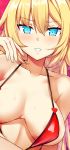 1girl 1girl akai_haato big_breasts bikini blonde blue_eyes blush breasts breasts_apart clavicle hair_between_eyes hand_up heart high_resolution hololive katte_ni_kappa long_hair looking_at_viewer micro_bikini parted_lips red_background red_bikini_top simple_background sweat swimsuit virtual_youtuber