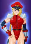 1girl abs alternate_costume belt blonde_hair blue_eyes braid breasts cammy_white cap capcom cosplay elbow_gloves female fingerless_gloves gloves hat highres impossible_clothes impossible_clothing impossible_swimsuit large_breasts leotard long_hair looking_at_viewer m_bison m_bison_(cosplay) makani_kohitujito muscle scar serious shiny shiny_clothes shoulder_pads simple_background skin_tight solo street_fighter street_fighter_iv swimsuit twin_braids vega vega_(cosplay)