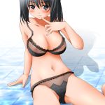 1girl artist_request big_breasts black_bra black_eyes black_hair black_panties blush bra breasts female highres lingerie navel nipples original panties see-through short_hair sitting solo underwear underwear_only yua_(checkmate)