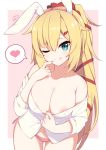 1girl ;q akai_haato animal_ears areola bare_shoulders blonde blush breasts bunny_ears chinese clavicle closed_mouth cowboy_shot erect_nipples erect_nipples_under_clothes fake_animal_ears fingernails gluteal_fold green_eyes hair_ornament hair_ribbon hair_scrunchie hairband heart heart_hair_ornament high_resolution hololive long_hair long_sleeves looking_at_viewer medium_breasts nail_polish navel neps-l nipples off_shoulder one_eye_closed panties pink_background pink_hairband pink_nails pink_panties ponytail red_hair_ornament red_ribbon red_scrunchie ribbon scrunchie shirt side-tie_panties signature smile speech_bubble spoken_heart tied_hair tongue tongue_out two-tone_background underwear very_long_hair virtual_youtuber white_background white_shirt