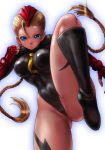 1girl blonde_hair blue_eyes boken_fantasy boots braid cammy_white capcom fingerless_gloves garrison_cap gloves hat leg_lift leg_up legs leotard long_hair long_legs partially_visible_vulva scar solo street_fighter street_fighter_ii street_fighter_zero thighs twin_braids