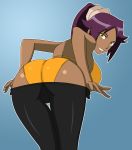 1female 1girl bend_over bent_over big_ass bikini bleach bra breasts dark_skin female female_human hair huge_breasts human human_only long_hair looking_back outlined_character ponytail purple_hair shihouin_yoruichi smile spandex standing underwear yellow_eyes