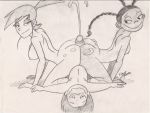 1boy 2_girls 2girls aeolus ass assjob breasts buttjob cartoon_network cum cum_on_ass double_buttjob ejaculation erect_nipples erection foster's_home_for_imaginary_friends frankie_foster goo_goo_gaga hotdogging mac_(fhfif) monochrome nipples nude penis ponytail smile twin_tails uncensored