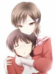  1boy 1girl brown_eyes brown_hair closed_eyes couple cravat glasses hair hair_ornament hairclip hetero highres hug hug_from_behind kamekichi_(kamekiti) kami_nomi_zo_shiru_sekai katsuragi_keima kosaka_chihiro school_uniform serafuku short_hair 