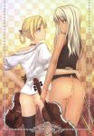 2girls ass blonde_hair blue_eyes bottomless bow_(instrument) braid dark_skin eye_contact frame hair instrument long_hair multiple_girls no_panties ooji open_mouth original pussy red_eyes stockings tan tattoo treble_clef viola_(instrument) violin white_hair