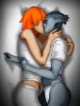   alien blue_skin closed_eyes kissing liara_t&#039;soni mass_effect panties red_hair softcore yuri  