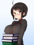 1girl ahoge binder black_hair blush book box breast_rest breasts brown_eyes erect_nipples glasses kaisen_chuui large_breasts nipple_bulge no_bra see-through servant_x_service short_hair sweat sweatdrop sweater yamagami_lucy