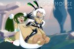  2girls ball_gag black_eyes bondage breasts gigantic_breasts green_hair hair multiple_girls nipples olympia rayman rayman_legends sandybelldf ursula white_hair yellow_eyes 