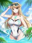  1girl alluring bangs big_breasts blonde_hair breasts chest_jewel fgsketch gem headpiece high_res long_hair mythra mythra_(radiant_beach)_(xenoblade) mythra_(xenoblade) nintendo one-piece_swimsuit ribbed_swimsuit strapless strapless_swimsuit striped striped_swimsuit swept_bangs swimsuit tiara two-tone_swimsuit very_long_hair white_swimsuit xenoblade_(series) xenoblade_chronicles_2 yellow_eyes 