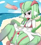 blush bra cum cute female green_hair green_skin hair imago_(artist) imago_ic kirlia nintendo poke_ball pokemon pussy sex_toy simple_background tentacles underwear vibrator video_games