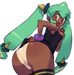  1girl ass bent_over capcom dark_skin green_hair hand_on_hip ishikawa_hideki long_hair lowres red_eyes rockman rockman_dash rockman_dash_2 sera_(megaman) smile solo yuna_(rockman) yuna_(rockman_dash) 